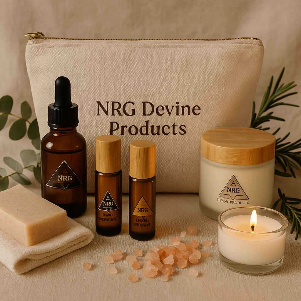 NRG Devine Products with candle and soap and himalayan salt