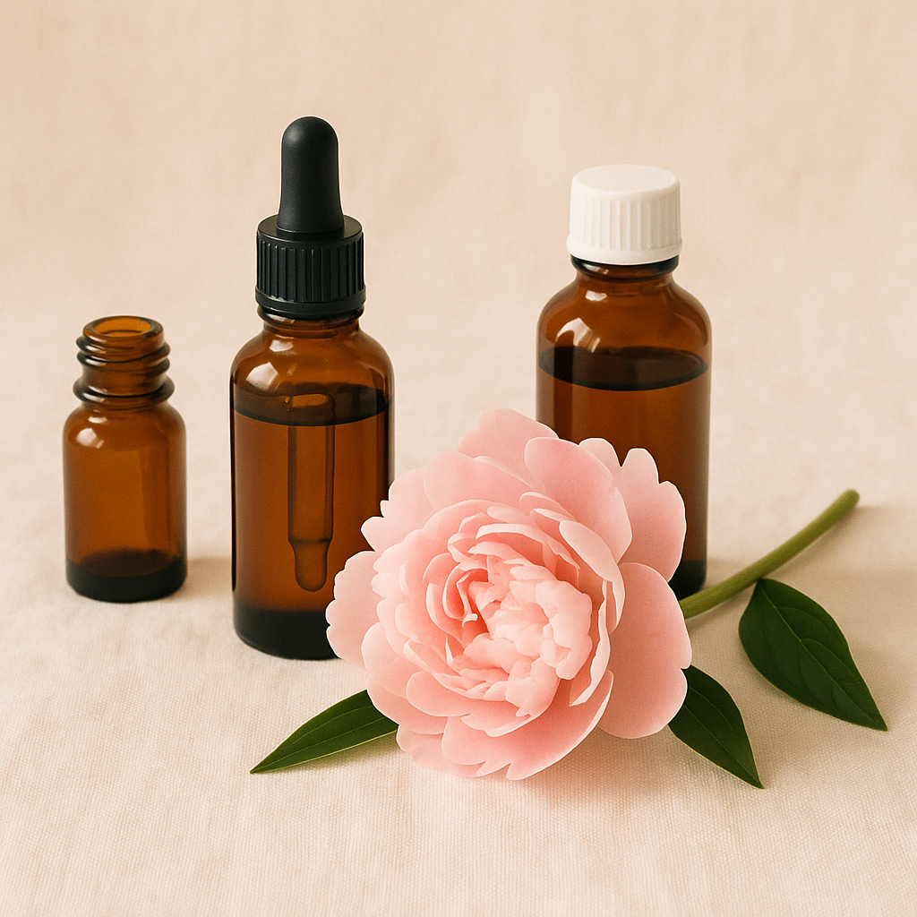 Essential oil collection graphic for emotional and hormonal balance, featuring a calm, botanical-themed flat illustration.