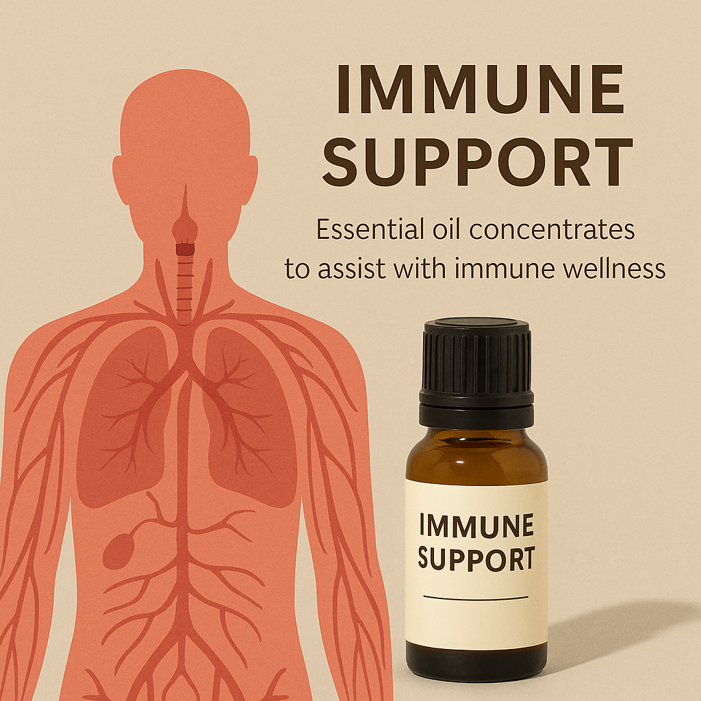 Amber essential oil bottle labeled “Immune Support” by NRG Devine Products shown beside an anatomical illustration of the immune system, designed to promote seasonal aromatherapy rituals and wellness routines.