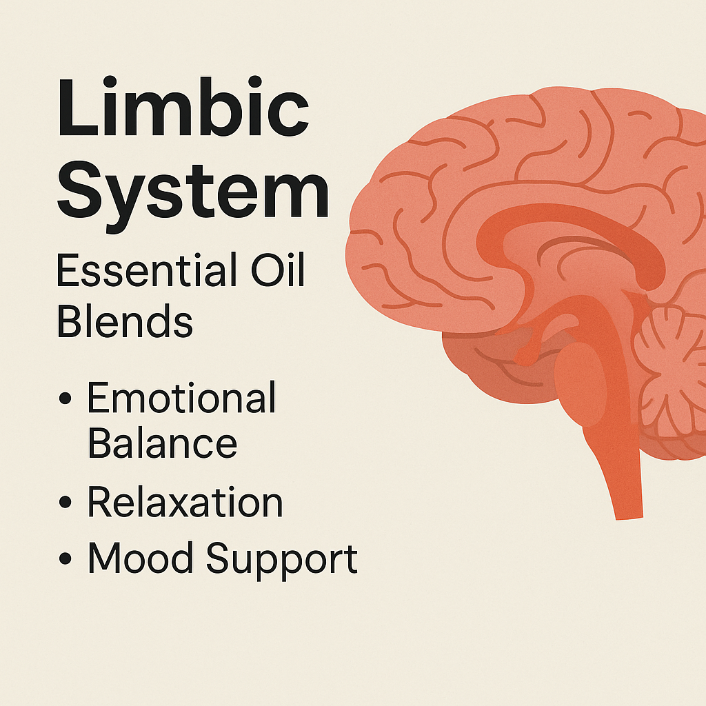 Digital illustration of the limbic system with text promoting essential oil blends for emotional balance, relaxation, and mood support in aromatherapy.