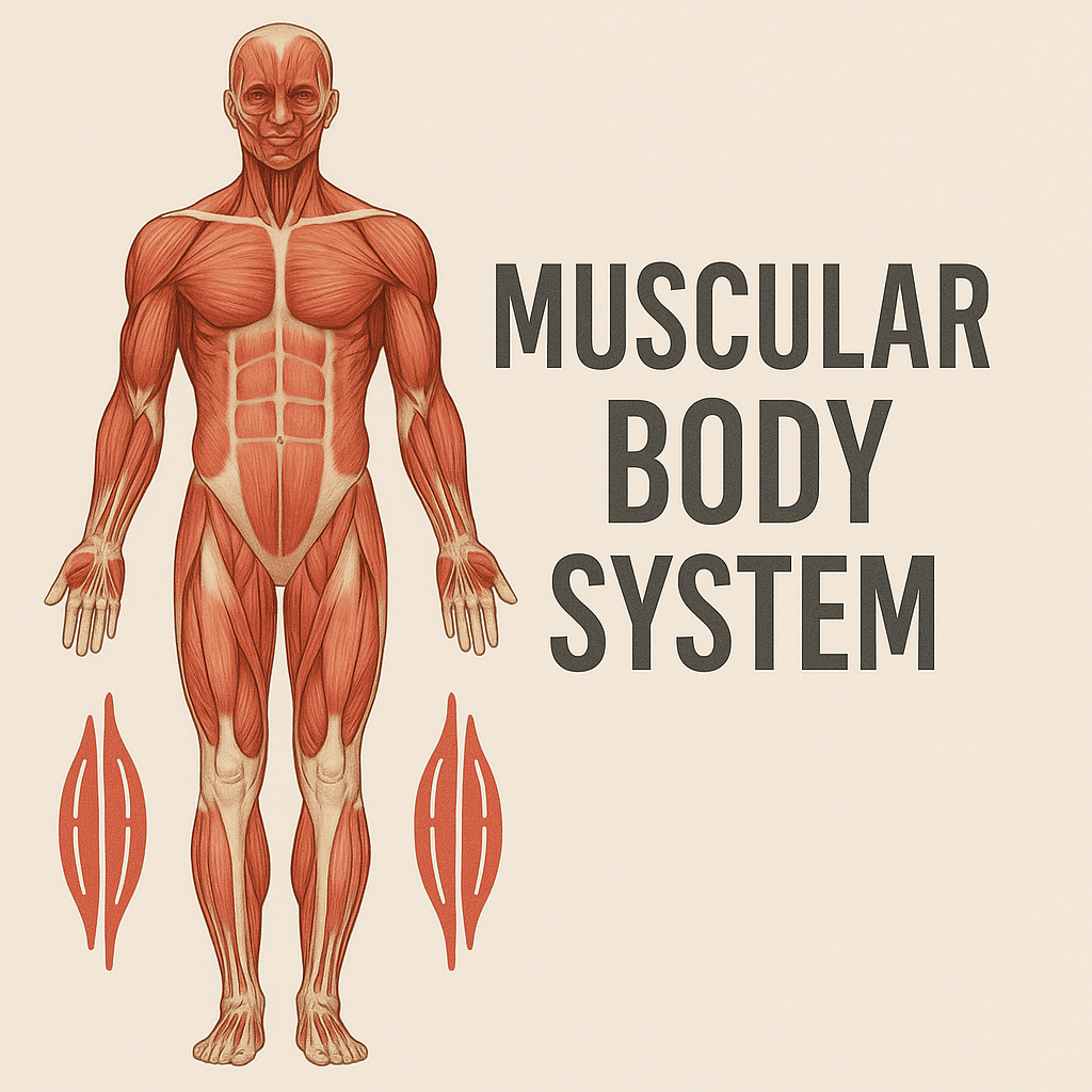 Illustration of the human muscular system with bold text “Muscular Body System,” flanked by muscle fiber icons. Designed to promote essential oil blends for massage and muscular wellness.