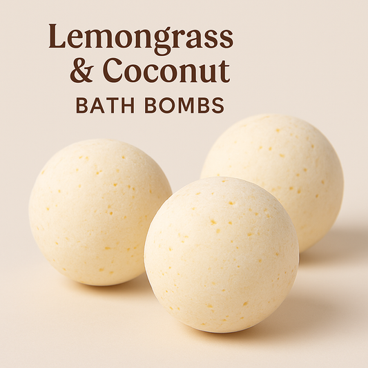 Three medium-sized bath bombs with a soft, handmade appearance, set against a neutral background. Ideal for showcasing natural, fizzy bath products with lemongrass and coconut-inspired skincare.