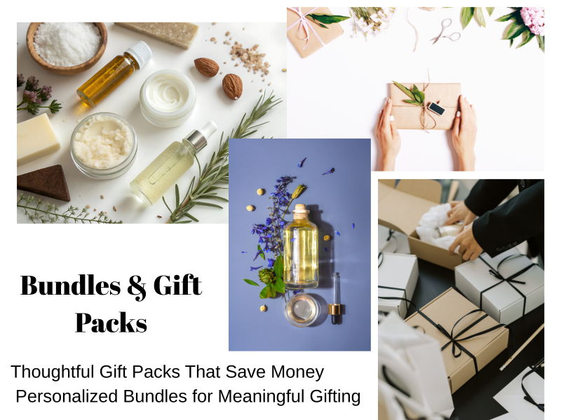 Collage of gift items including skincare products, a bottle of oil, and gift-wrapped boxes with text about bundles and gift packs.