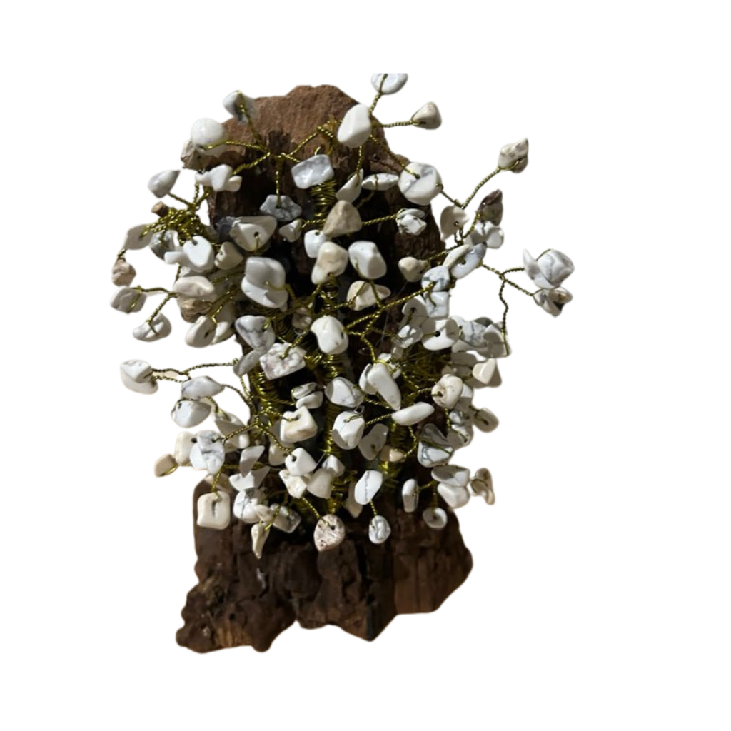 Howlite Crystal Tree on Raw Wood Base – Calming Decor Design