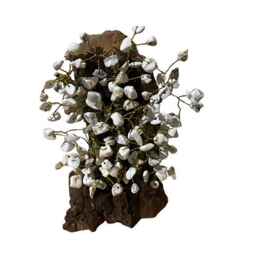 Howlite Crystal Tree on Raw Wood Base – Calming Decor Design